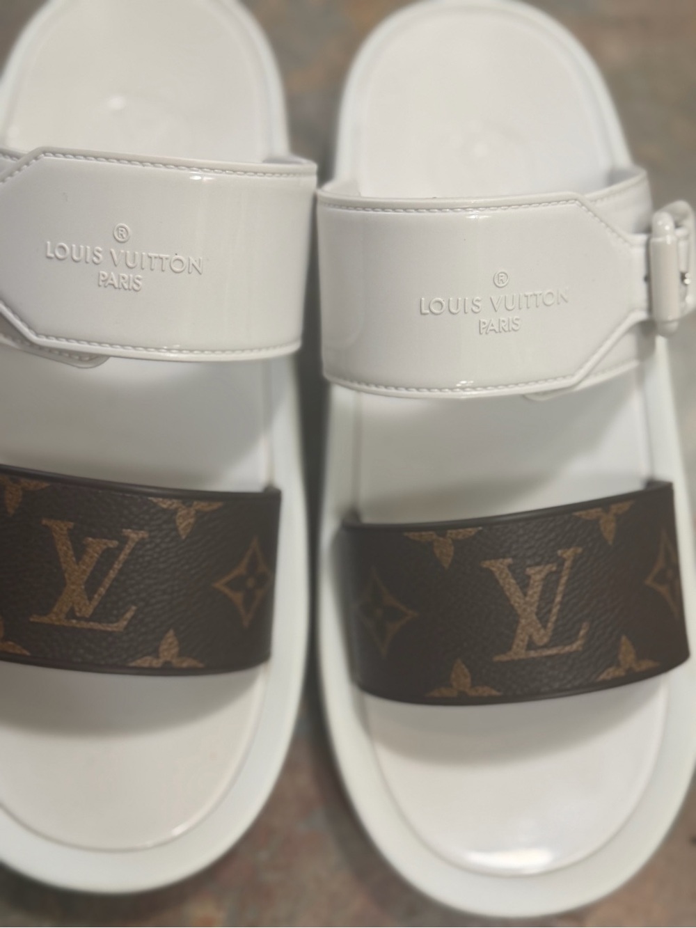 Louis Vuitton White and Brown Monogram Slide Sandals